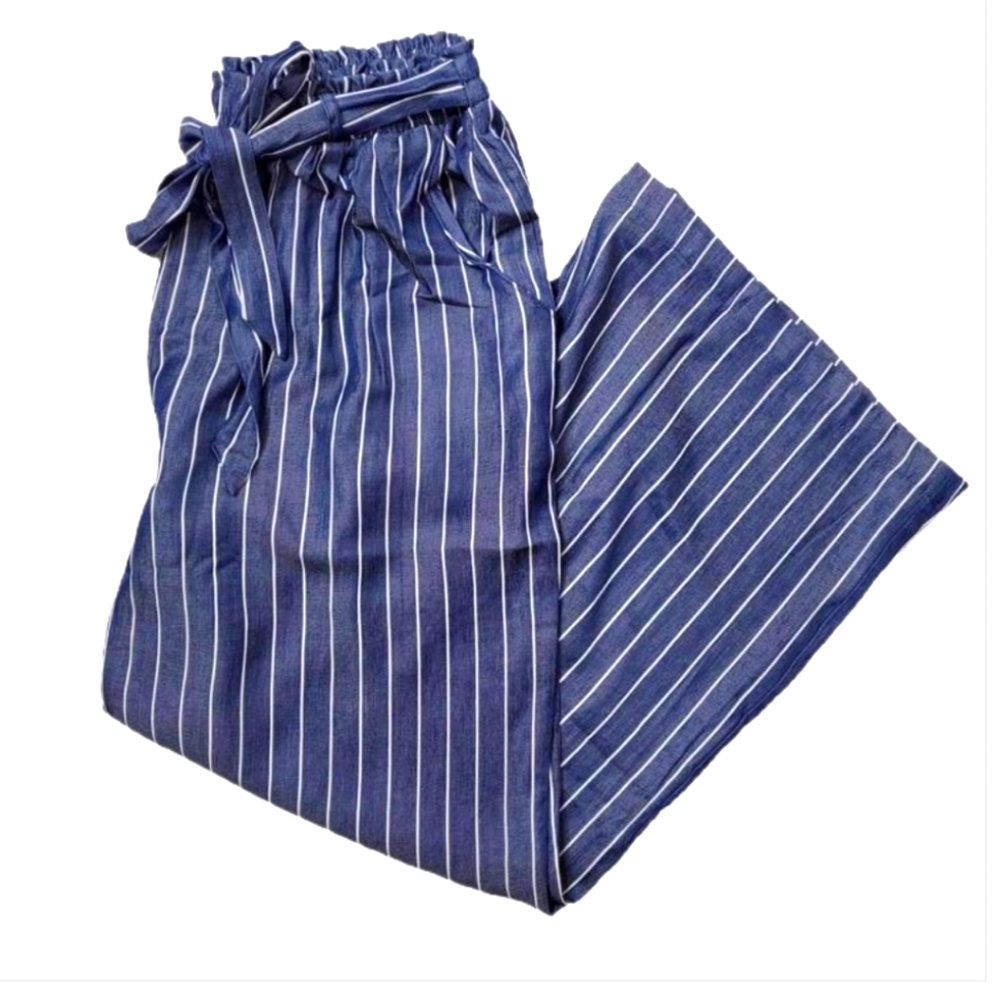 LulaRoe Paper Bag wide leg elastic waist pants XL Navy blue chambray stripes